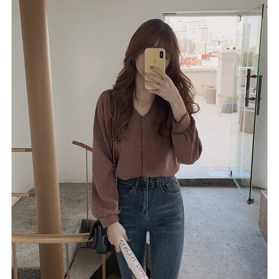 Áo Sơ Mi Tay Dài Cổ Chữ V Màu Trơn Dành Cho Nữ 38597