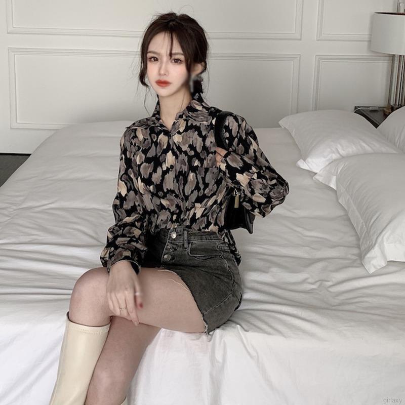 Áo sơ mi tay dài dáng rộng in họa tiết phong cách Hàn Quốc thời trang cho nữ