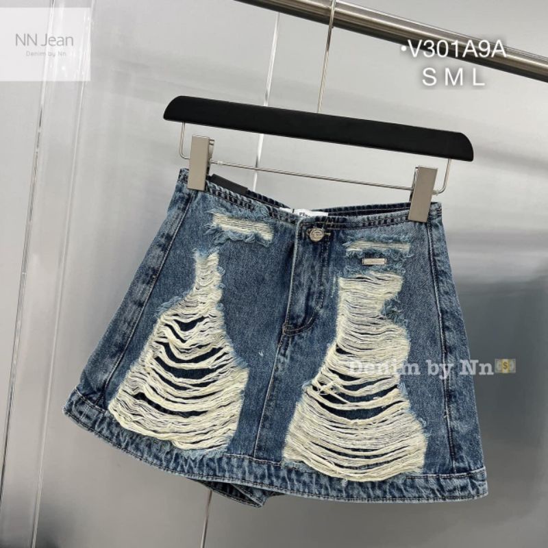 Chân Váy Jeans Ngắn Form A Rách Kiểu Quần Bò Giả Váy Lưng Cao Wash Cá Tính