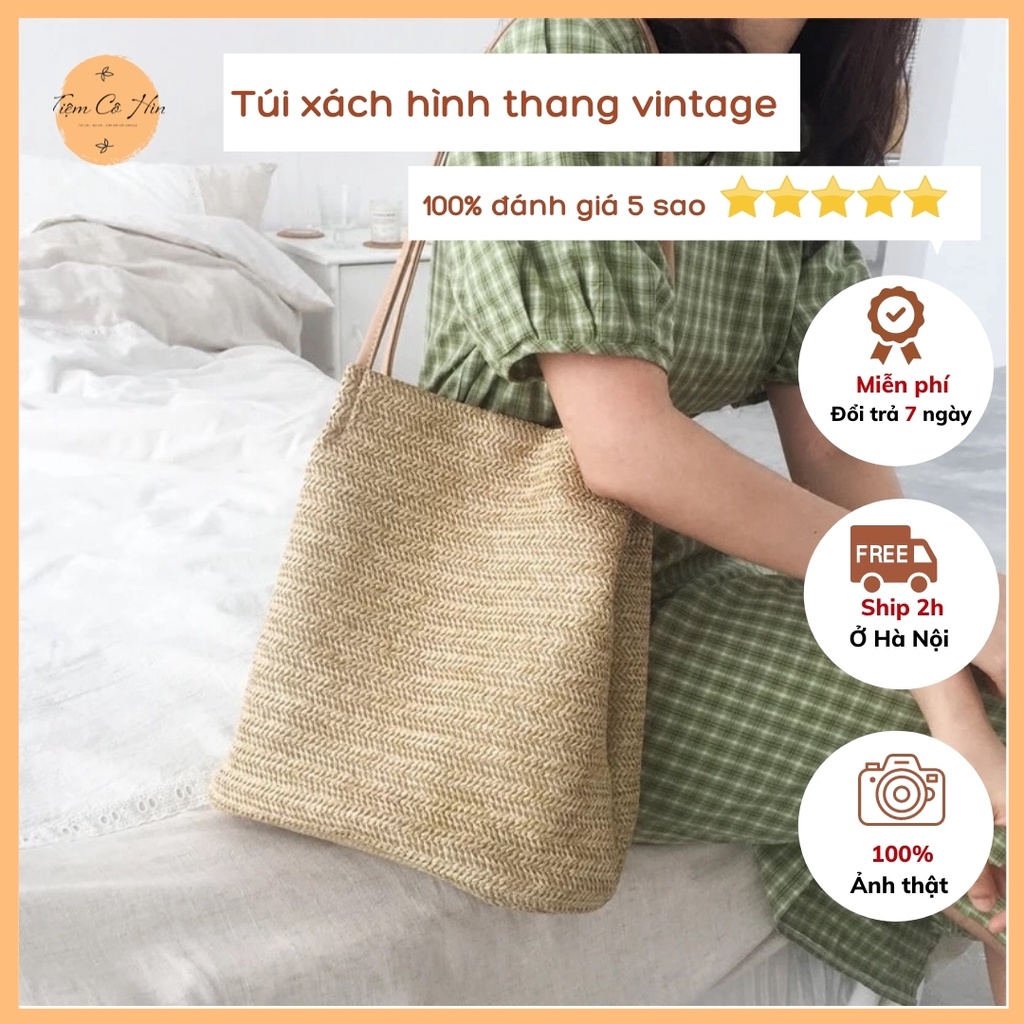 Túi cói hình thang vintage có thể gập gọn thích hợp đi du lịch, đi làm siêu tiện lợi ship 1h không lo hư hỏng