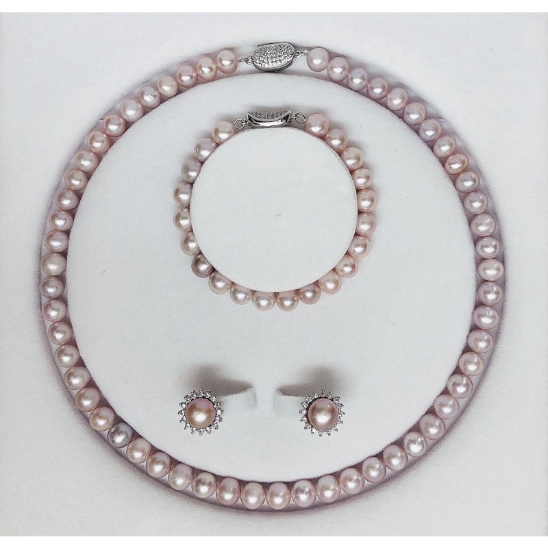 Bộ trang sức màu hồng phấn 3 món khóa bạc