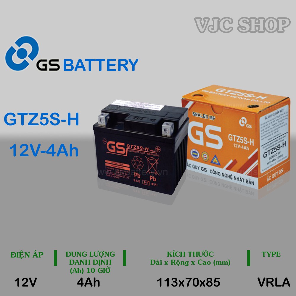 Bình ắc quy xe máy GTZ5S-H 12V 4AH chính hãng GS BATTERY loại bình khô, bảo hành 12 tháng