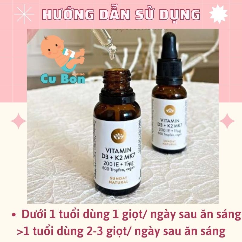 Vitamin D3 K2 MK7 Đức 200IE Sunday Natural dạng giọt 20ml cho bé Tăng hấp thụ canxi phát triển chiều cao tối ưu