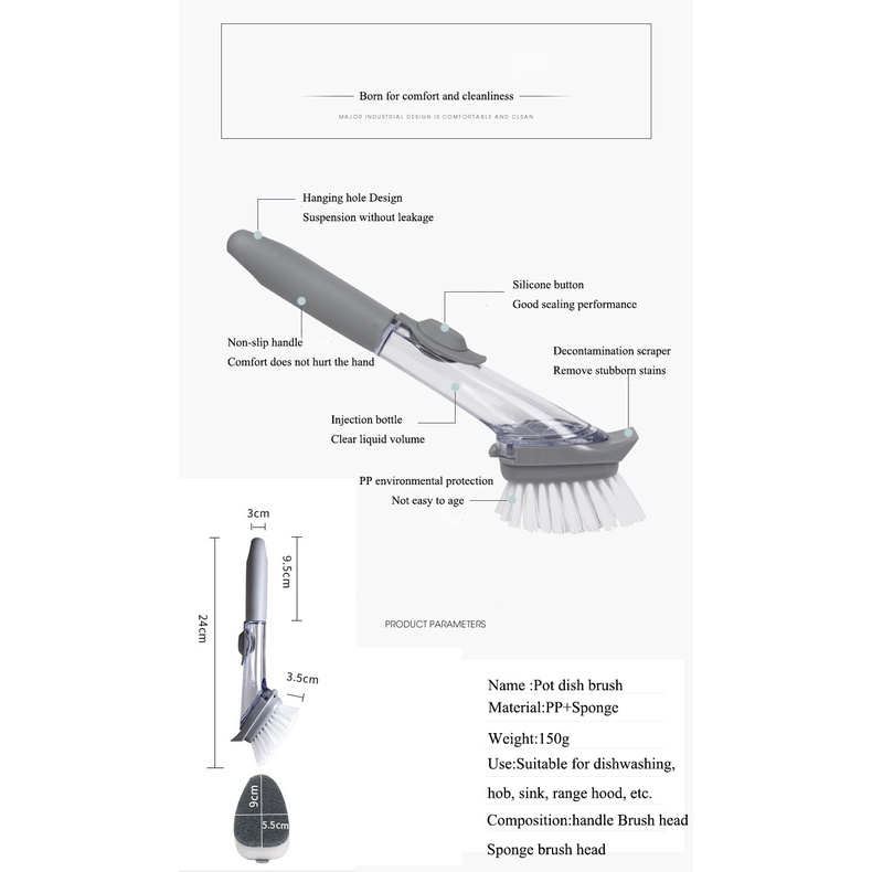 Bàn chải chà nồi chảo tự động có tay cầm dài / Cọ rửa chén bát đa năng tay cầm dài