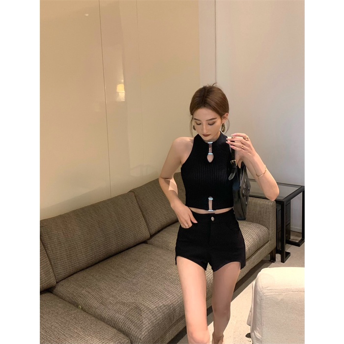 HUANG YOYO Áo Dệt Kim Hai Dây Dáng Ngắn Phong Cách Hàn Quốc Thời Trang Quyến Rũ Cho Nữ