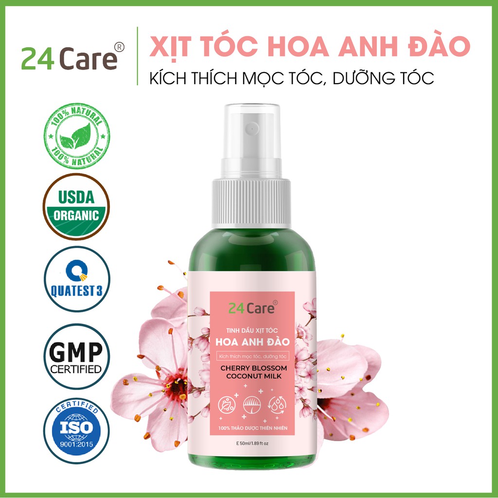 Xịt dưỡng tóc tinh dầu hữu cơ 24Care 50ml - Ức chế melanin, chống bạc tóc, gãy rụng, cho tóc óng ả