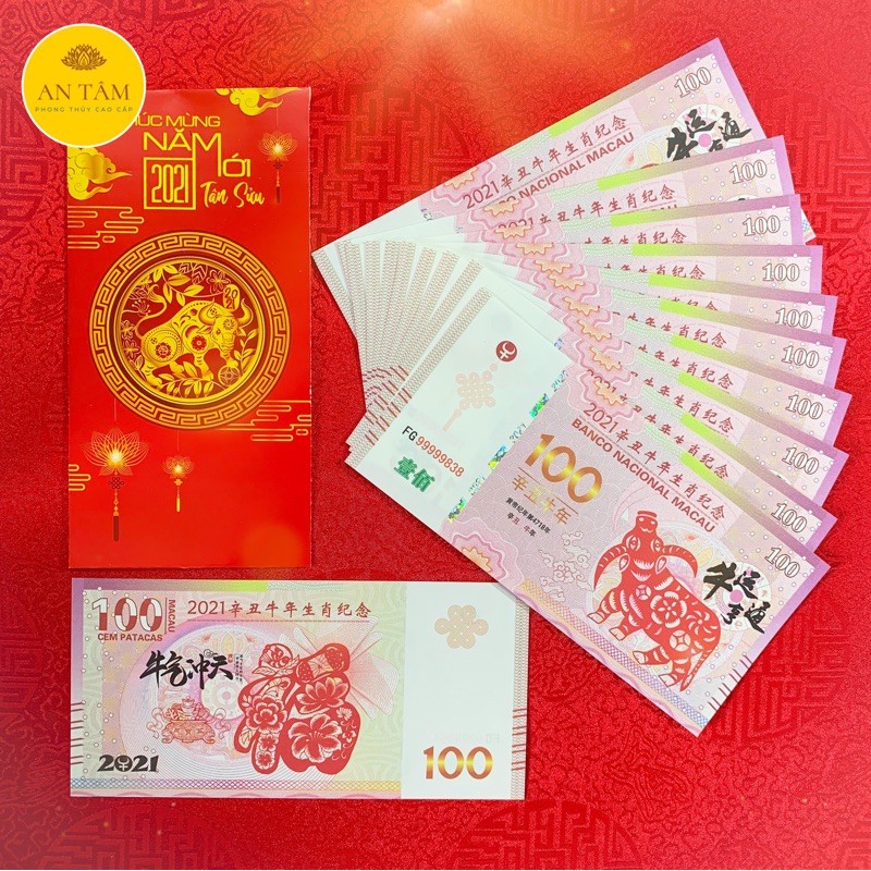 [Tết 2021] Tiền Con Trâu Macao 10 100 Patacas Kỷ Niệm  - Tặng Kèm Bao Lì Xì 2021