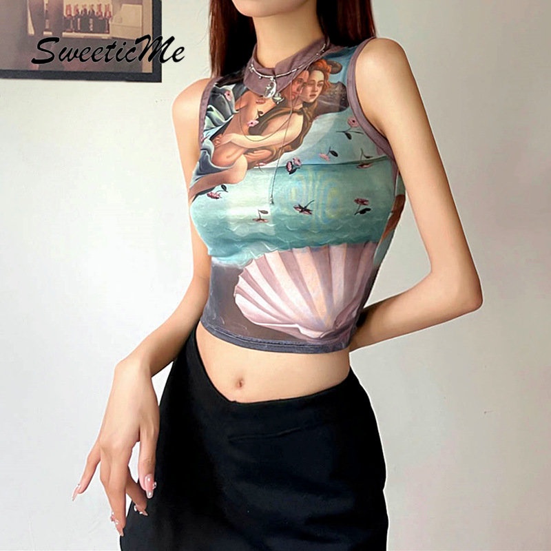 Áo Sát Nách Cổ Tròn Dáng Ôm In Họa Tiết Thời Trang Quyến Rũ Cho Nữ