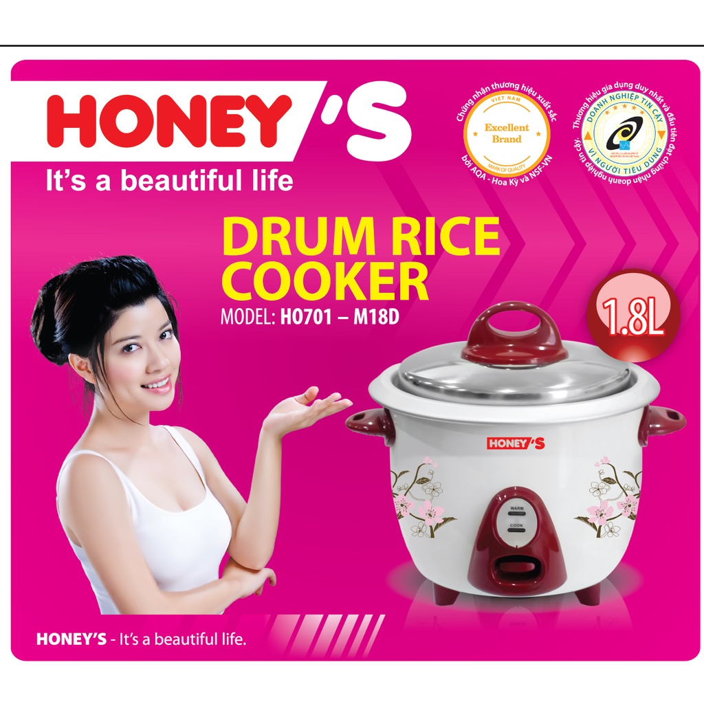 Nồi cơm điện nắp rời Honey's HO-701M18D -1.8L, chip cảm biến giúp cơm ngon, giữ ấm cơm đến 10h,tiết kiệm điện