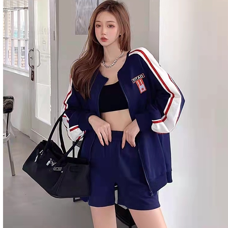 Set Áo Khoác Bóng Chày Form Rộng Và Quần Short Thời Trang Mùa Thu