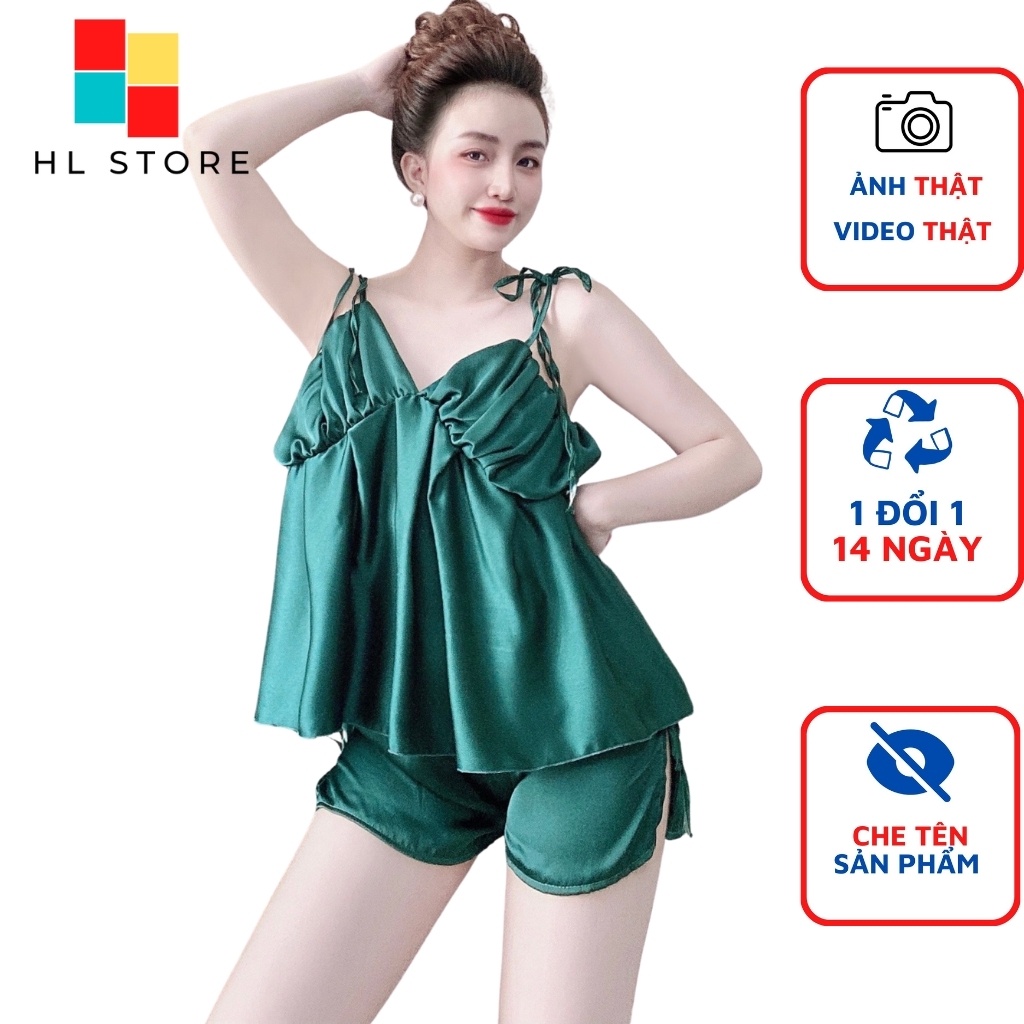 Đồ ngủ sexy đồ ngủ 2 dây xếp ly ngực cột nơ lưng Hải Lan Store, chất liệu lụa satin, freesize 40-65kg tùy chiều cao