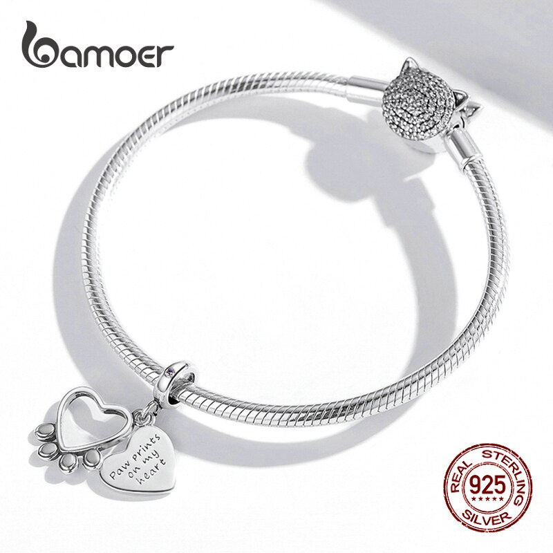 Mặt trang sức Bamoer BSC511 bằng bạc Sterling 925 hình bàn chân trái tim dễ thương làm trang sức DIY