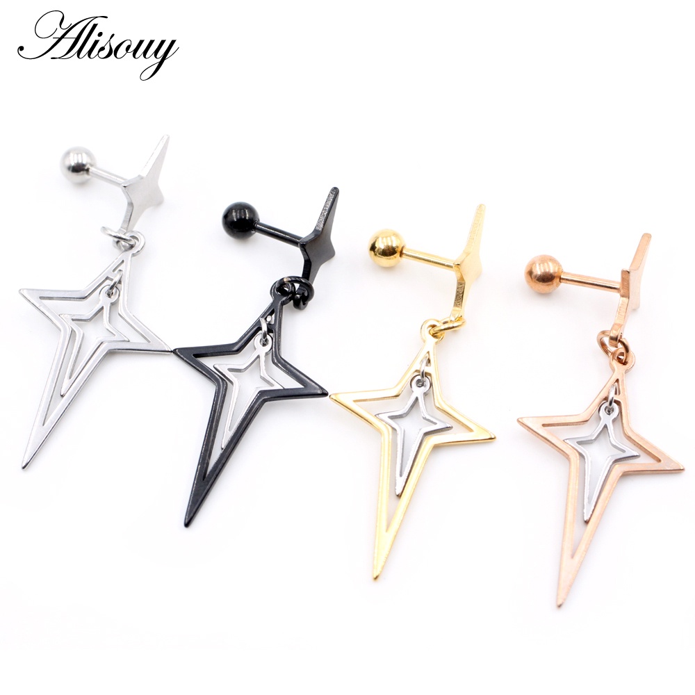 Alisouy Set 2 Khuyên Tai Hình Ngôi Sao Bóng Tròn Bằng Thép Không Gỉ Dành Cho Nam Và Nữ