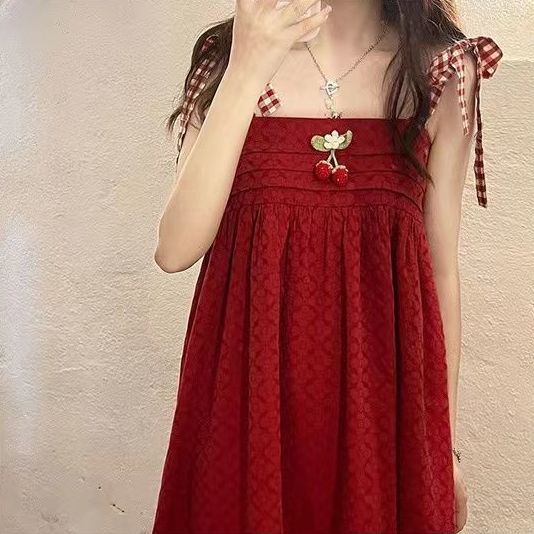One Set Đầm Hai Dây In Hình Dâu Tây + Áo Sơ Mi Dáng Chữ A Không Tay Xinh Xắn Dành Cho Nữ