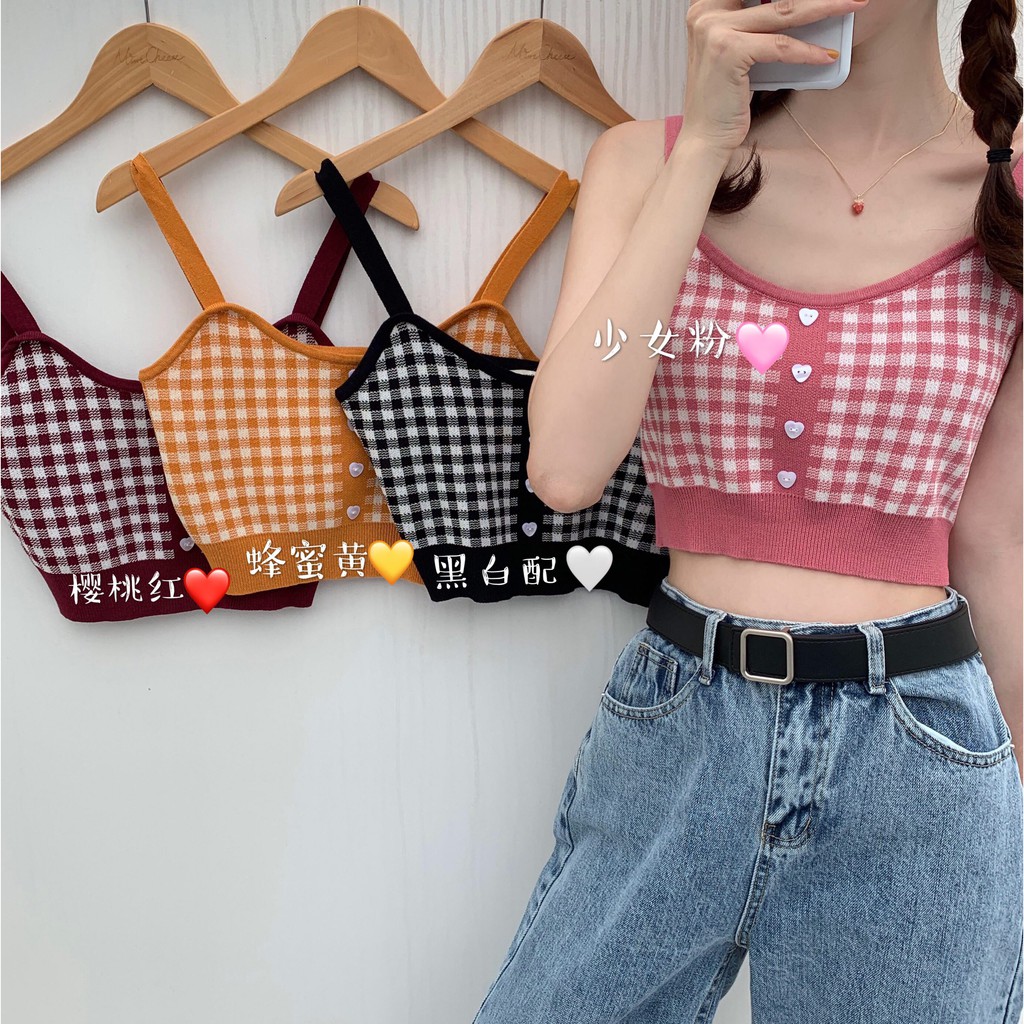 [Mã FAMAYWA giảm 10K đơn 50K] [CÓ SẴN] ÁO LEN 2 DÂY CARO CROPTOP NÚT TIM NHIỀU MÀU ÔM BODY | BigBuy360 - bigbuy360.vn