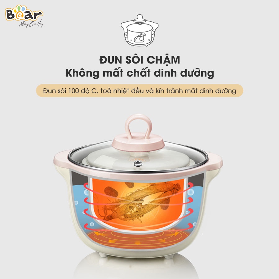 [Bear Chính Hãng] Nồi nấu chậm Bear SUBE002 1,6L (có lồng hấp) màu sắc paste với 7 chức năng có ruột nồi bằng sứ cao cấp