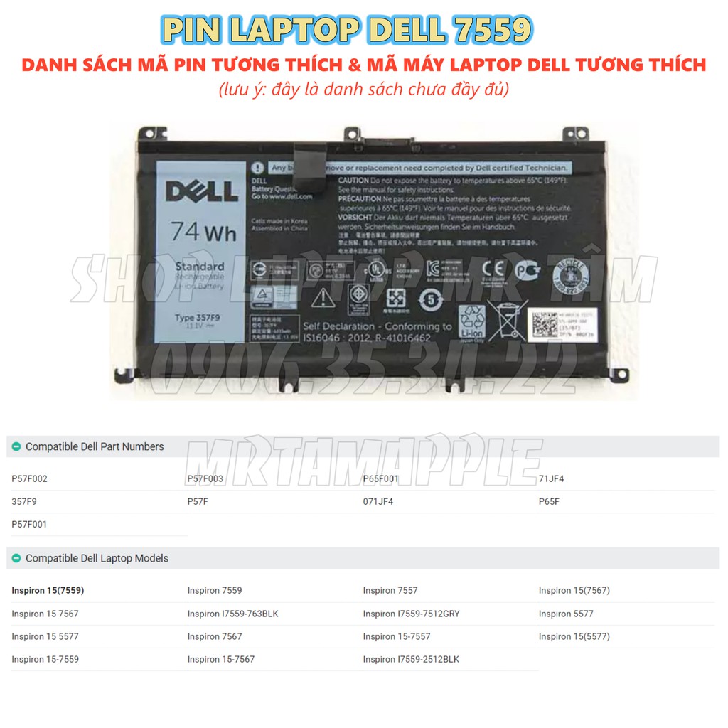 Pin Laptop DELL 7559 (ZIN) - 6 CELL - Inspiron 15-7000 7559, 357F9 71JF4