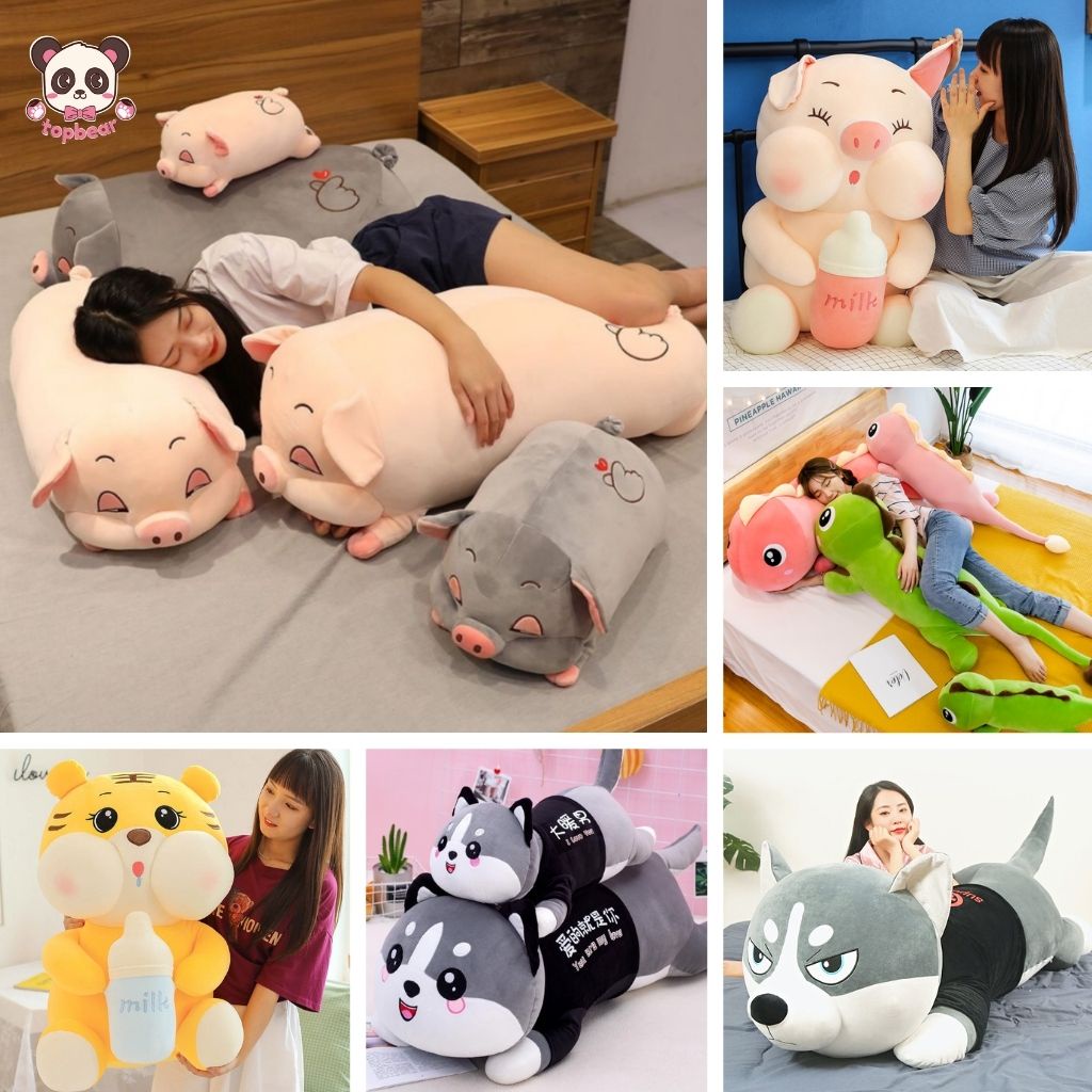 Gấu Bông Heo Ôm Bình Sữa,Khủng Long Đuôi Tim,Chó Mèo Ngáo Husky, Gối Ôm Nhồi Bông Hình Thú Quà Tặng Dễ Thương