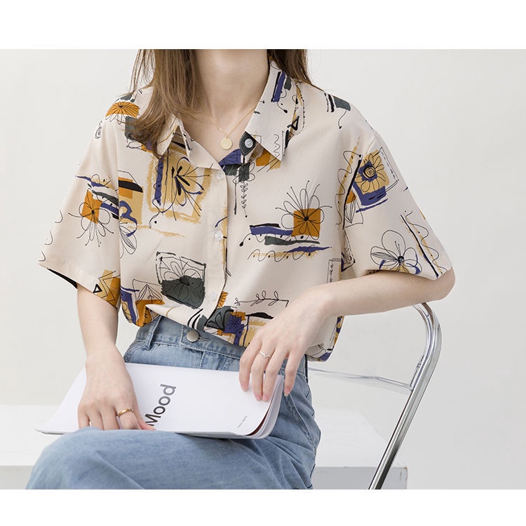 Áo sơ mi tay ngắn phong cách retro Hong Kong dáng rộng dễ phối đồ thời trang mùa hè dành cho nữ
