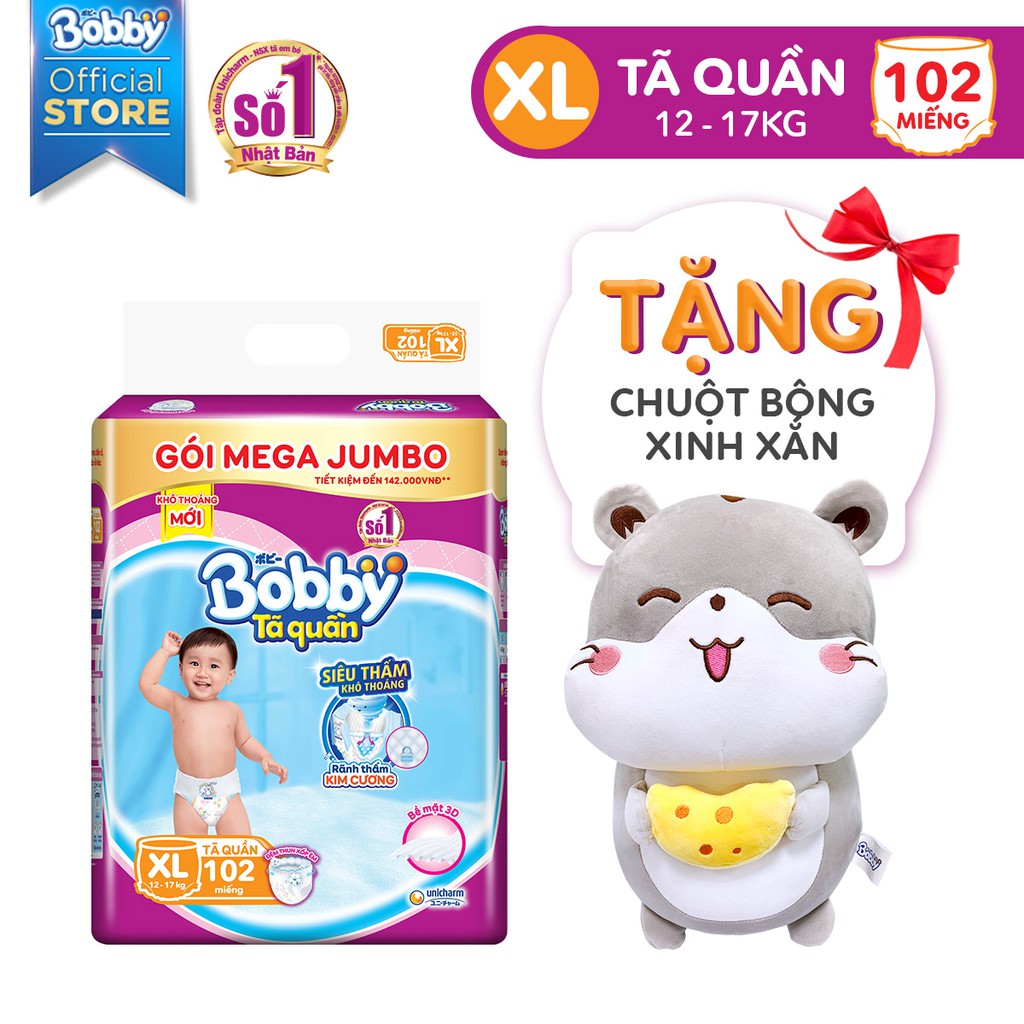 [NHẬP UNCMKB3 GIẢM 9% ĐƠN TỪ 1199K] [Tặng chuột bông] Tã quần Bobby Mega Jumbo M120/L111/XL102/XXL93