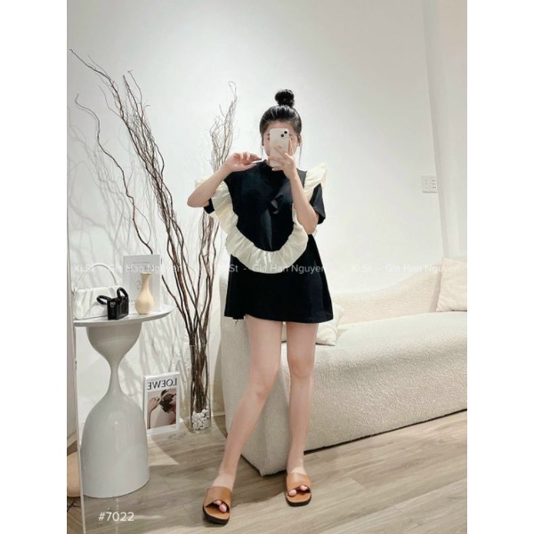 Đầm Suông Đen Viền Bèo Trắng