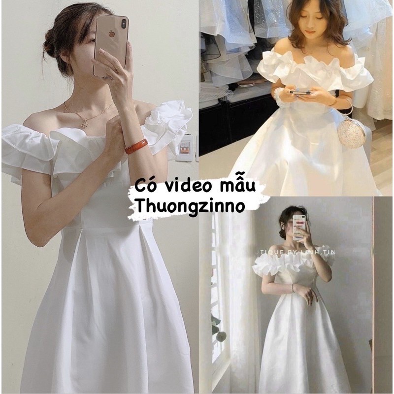 [Ảnh thật/Video]Váy trắng công chúa trễ vai bèo bồng bềnh Đầm dự tiệc thiết kế