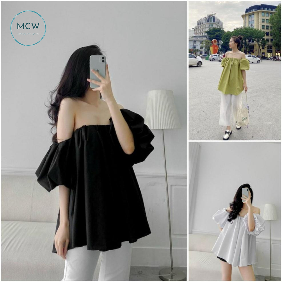 Áo Trễ Vai Nữ Chun Ngực Vải Lụa Thô Nhiều Màu - Đầm Áo Hở Vai Nữ Bánh Bèo Q095