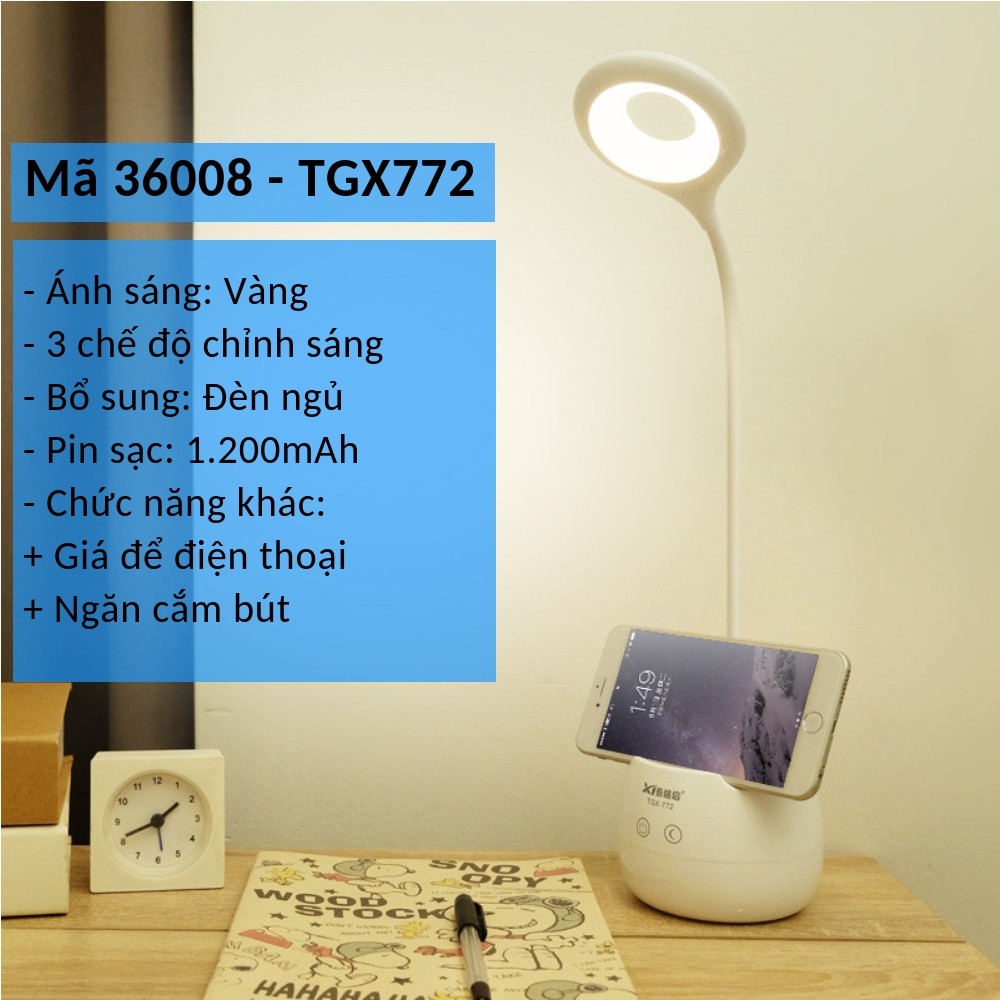 Đèn bàn tích điện có giá để điện thoại sạc USB TGX7010/TGX772/KM36011