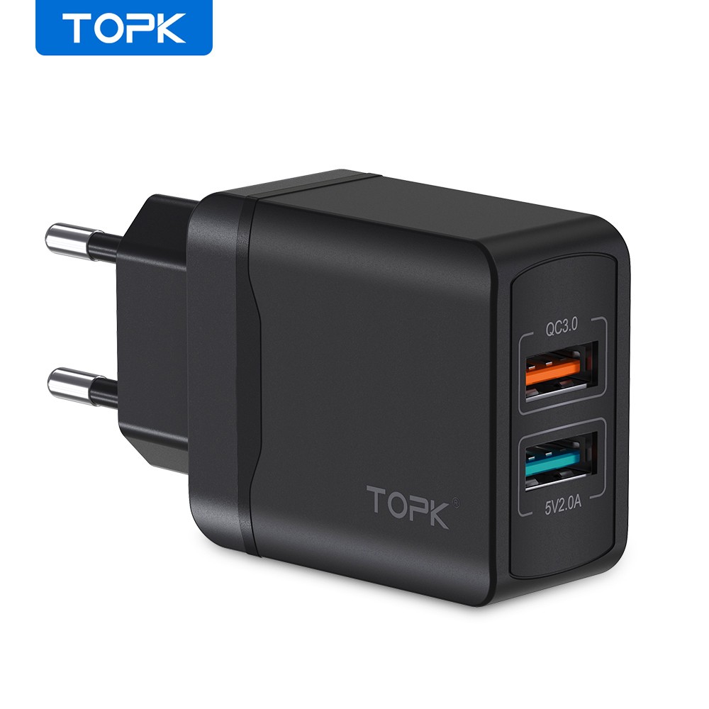 Củ Sạc TOPK B244Q Chia Hai Cổng Kết Nối USB Sạc Nhanh 28W QC 3.0 Đầu Cắm EU Chống Cháy Nổ