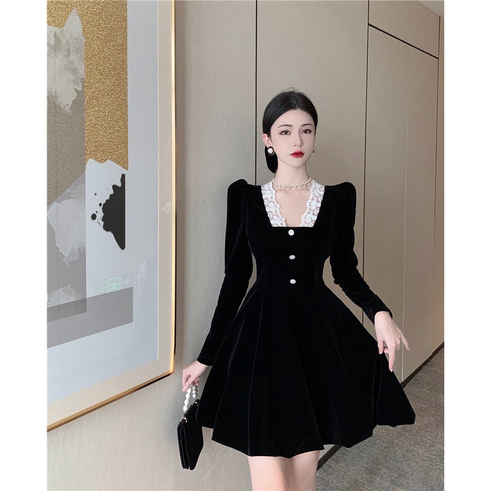 Đầm nhung dáng chữ A phong cách sang trọng khí chất hàng Quảng Châu cao cấp đầu mùa thu