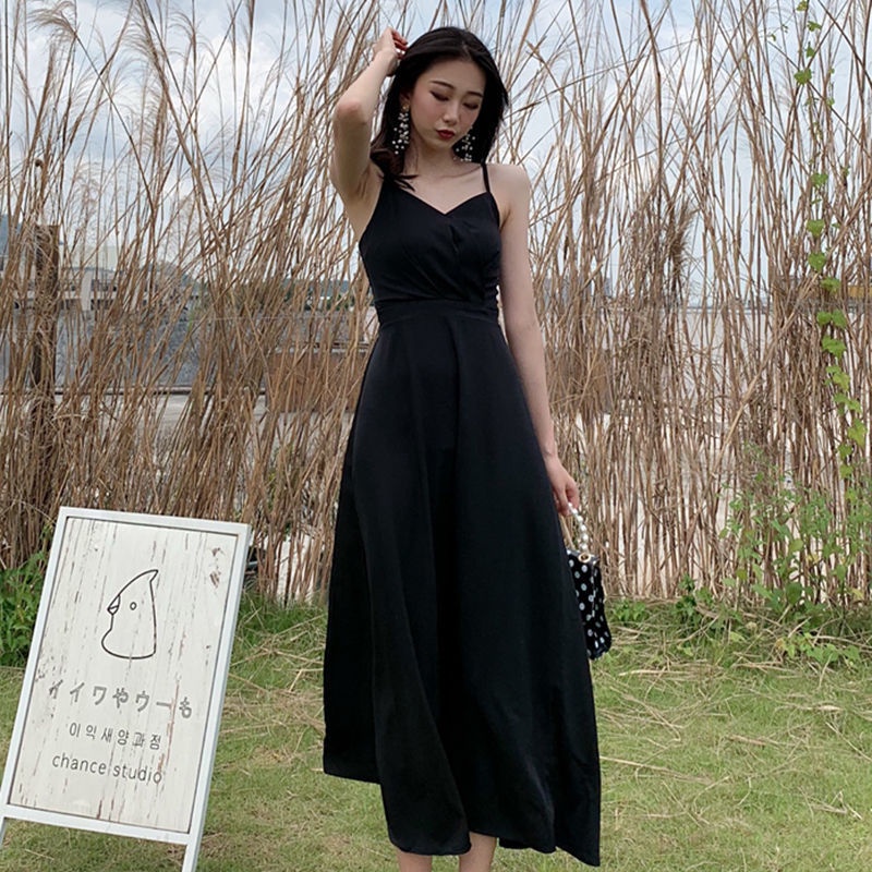 Đầm Hai Dây Dáng Chữ A Màu Đen Thời Trang Mùa Hè Phong Cách Hàn Quốc Cho Nữ