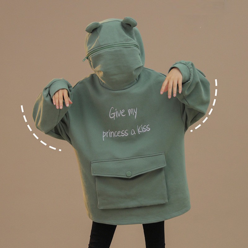 Áo hoodie lót nhung dày dáng rộng thêu họa tiết chữ thiết kế hình chú ếch đáng yêu phong cách Hàn Quốc