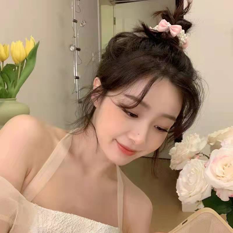 Dây buộc tóc Haimeikang co giãn đính nơ phối hạt ngọc trai nhân tạo thời trang sang trọng