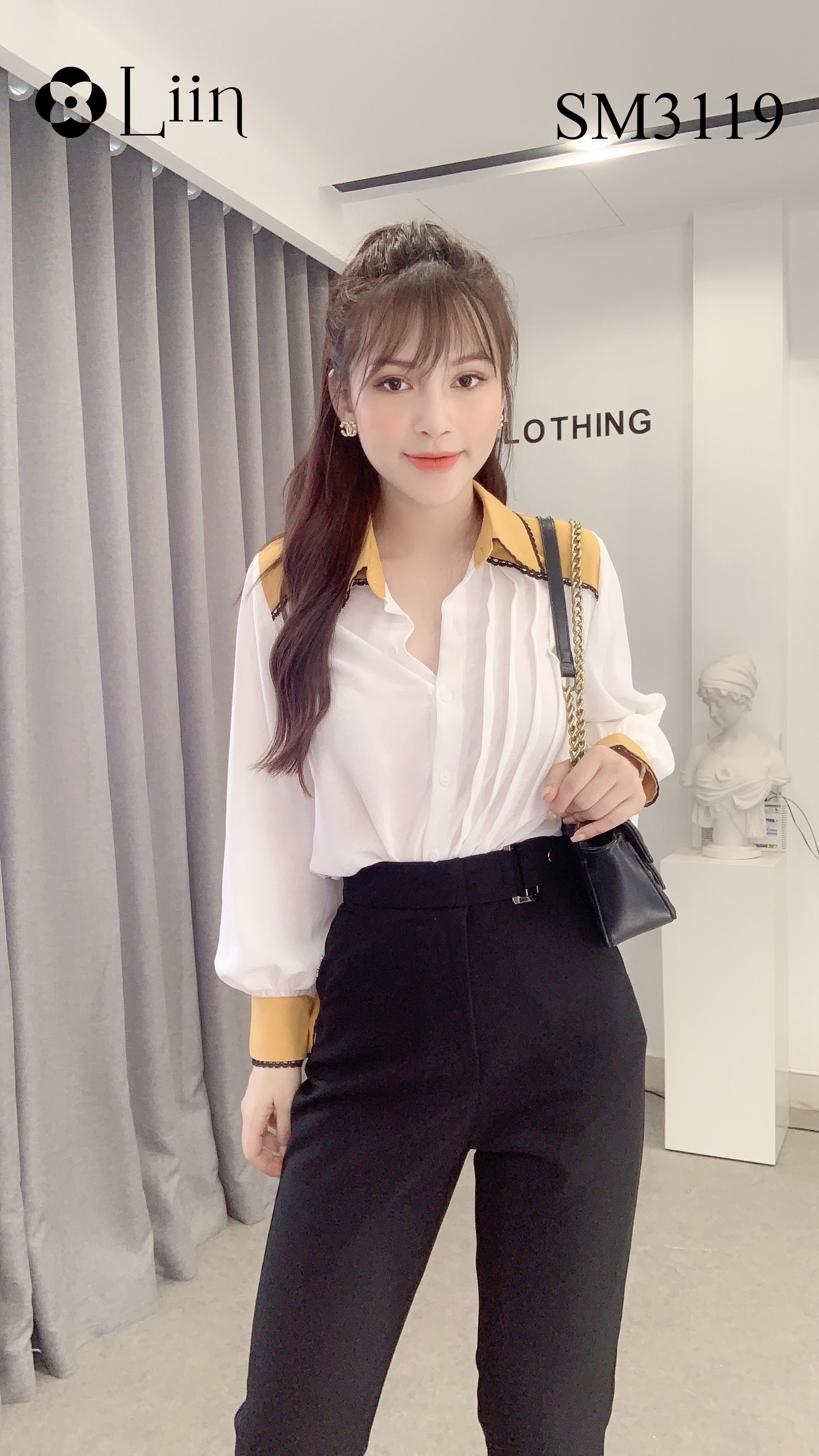 Áo sơ mi nữ màu Trắng Cổ Vàng phối viền bèo xinh xắn Liin Clothing SM3119