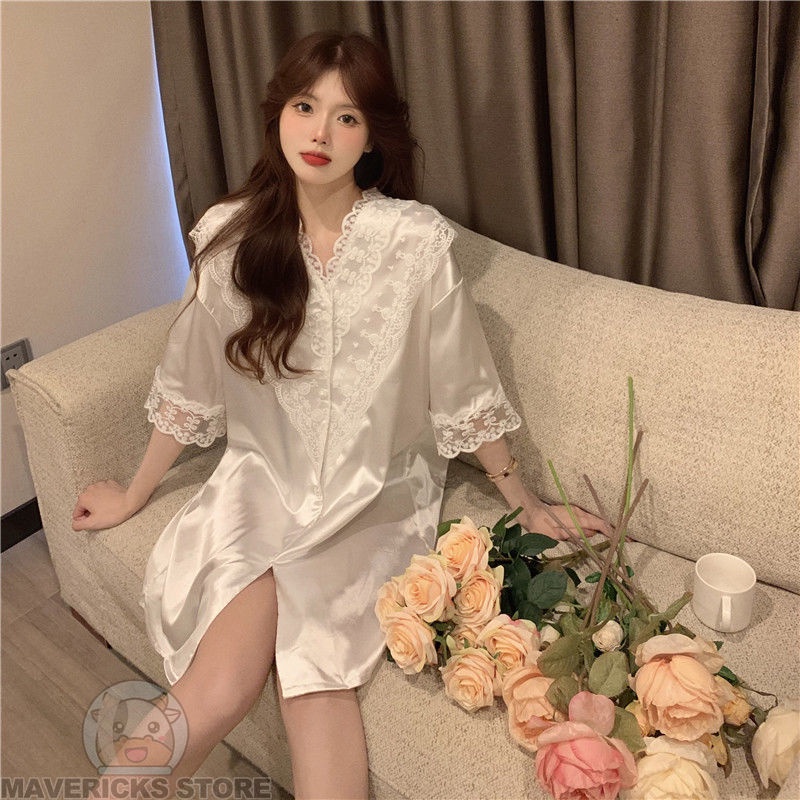 Đầm Ngủ Tay Ngắn Chất Lụa Thời Trang Mùa Hè Quyến Rũ Cho Nữ