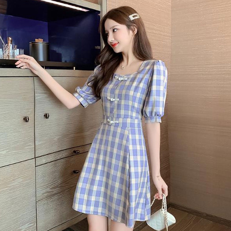 Đầm XINLANYASHE dáng chữ A tay phồng cổ vuông eo cao họa tiết sọc caro màu xanh dương cho nữ váy thiết kế tay bồng
