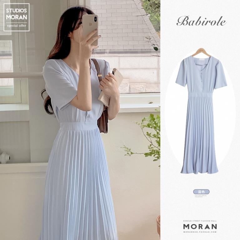 ঔৣ (ORDER) Váy MORAN cộc tay màu xanh pastel nhẹ nhàng cổ cài khuy thắt eo xòe dài xếp ly ঔৣ