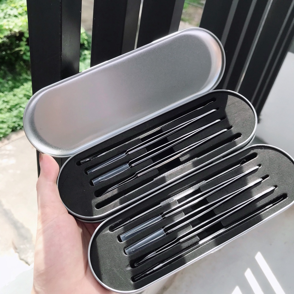 Bộ 2 Que Nặn Mụn Và 3 Nhíp Gắp Mụn Bằng INOX Không Gỉ Có Hộp Đựng