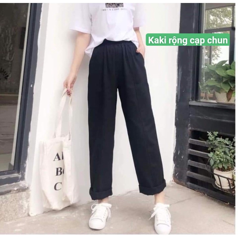 Quần Ống Rộng 2009Teen Unisex Quần Dài Cạp Chun Chất KaKi