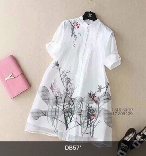 Đầm sơ mi cổ trụ in cảnh
