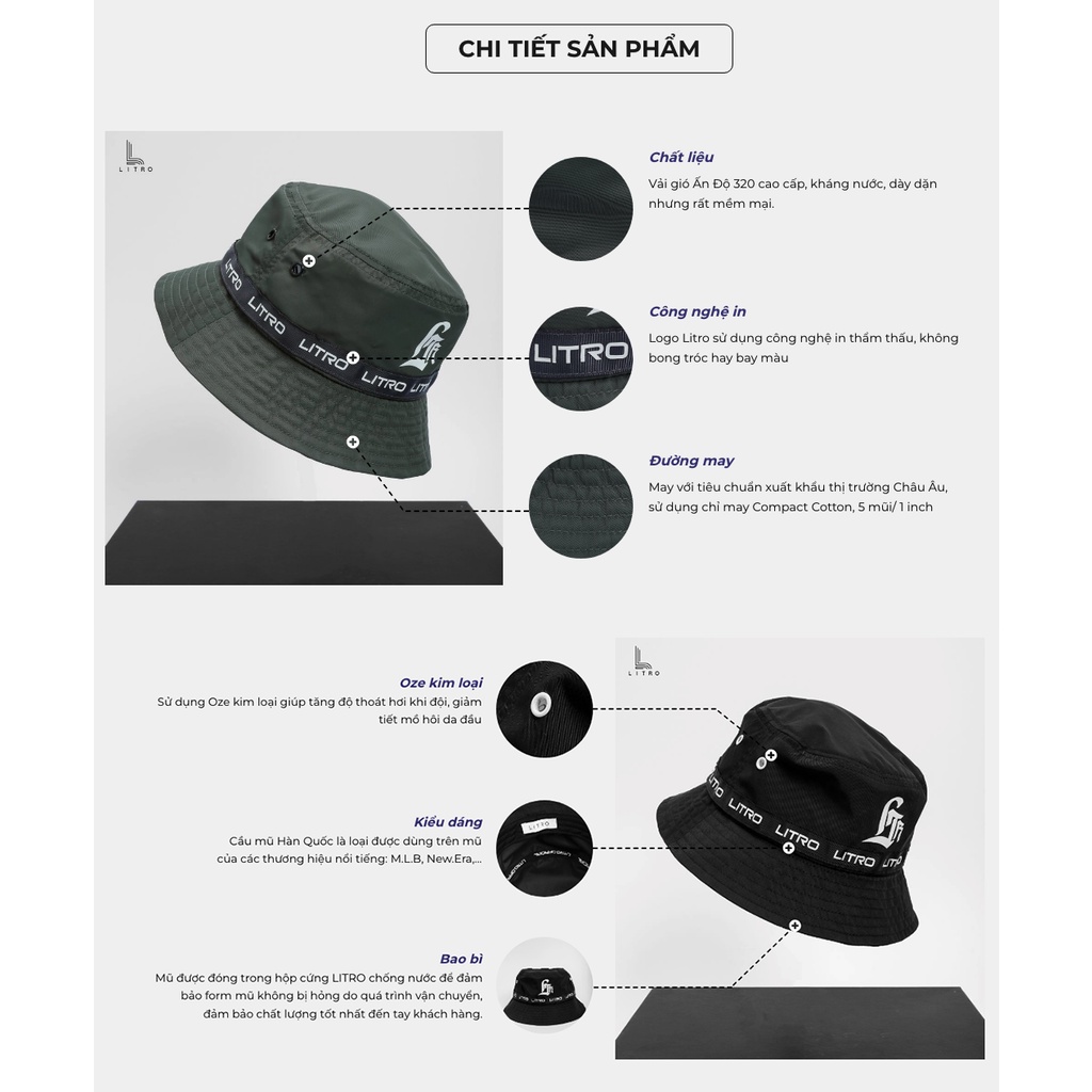 Mũ Bucket nam nữ chính hãng LITRO Nón bucket unisex cao cấp Mũ vành hàng thiết kế vải gió xuất khẩu MU001