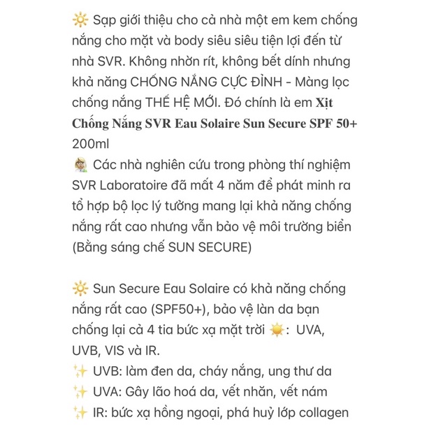 Xịt chống nắng SVR Sun Secure Eau Solaire SPF 50+ 200ml