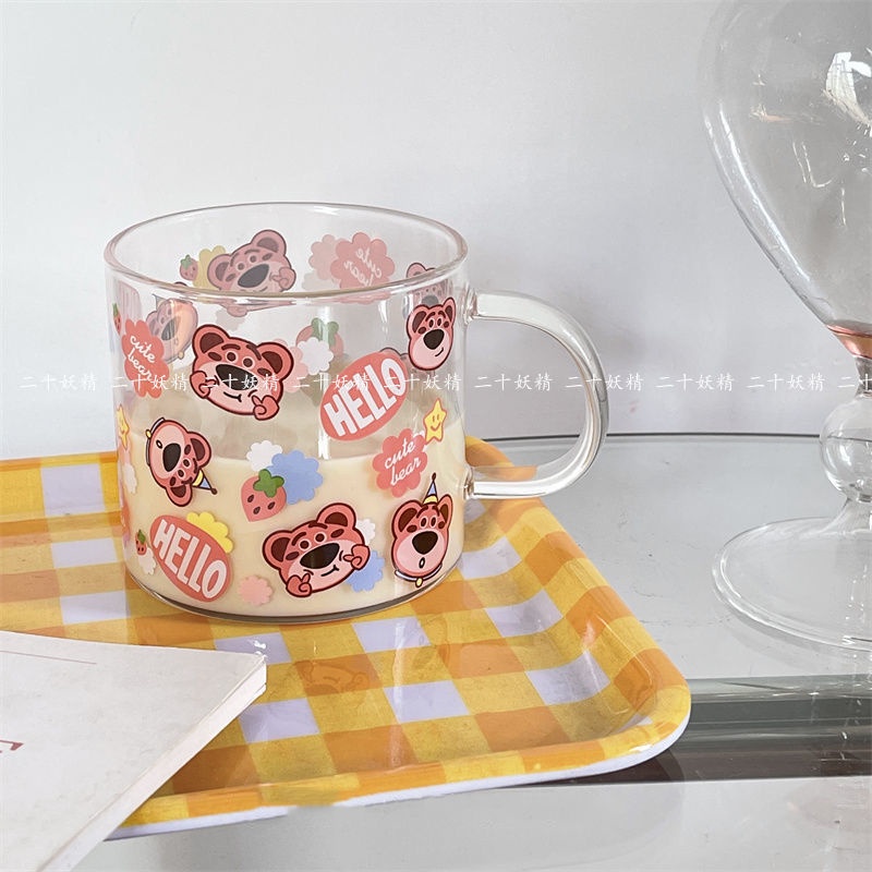 Cốc Thủy Tinh Uống Sữa In Hình Gấu Dâu Tây Kiểu Nhật Bản Dễ Thương Cho Cặp Đôi