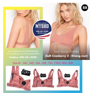 Áo bralette 88 Lace Scoop Soft Cranberry, màu hồng nude, không mút - Size M - Victoria's Secret