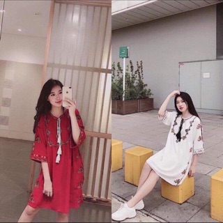 Combo váy thổ cẩm trắng + váy be chấm bi