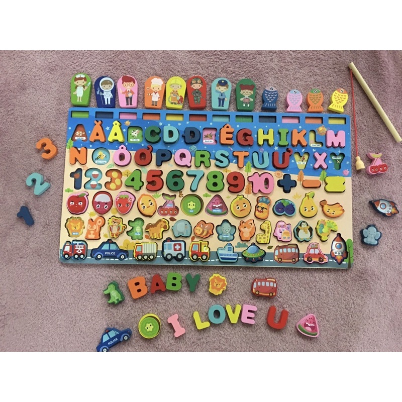Bộ đồ chơi bảng gỗ 7in1 câu cá kèm số tư duy, chữ cái, trái cây, động vật cho bé