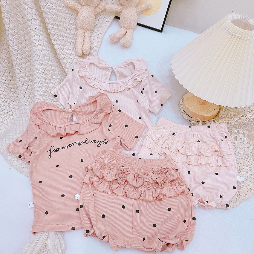 Bộ Quần Áo Trẻ Em Cộc Tay FOREVER ALWAYS Chấm Bi Bèo Vải Tăm Lạnh Cho Bé Gái Từ 8-20kg