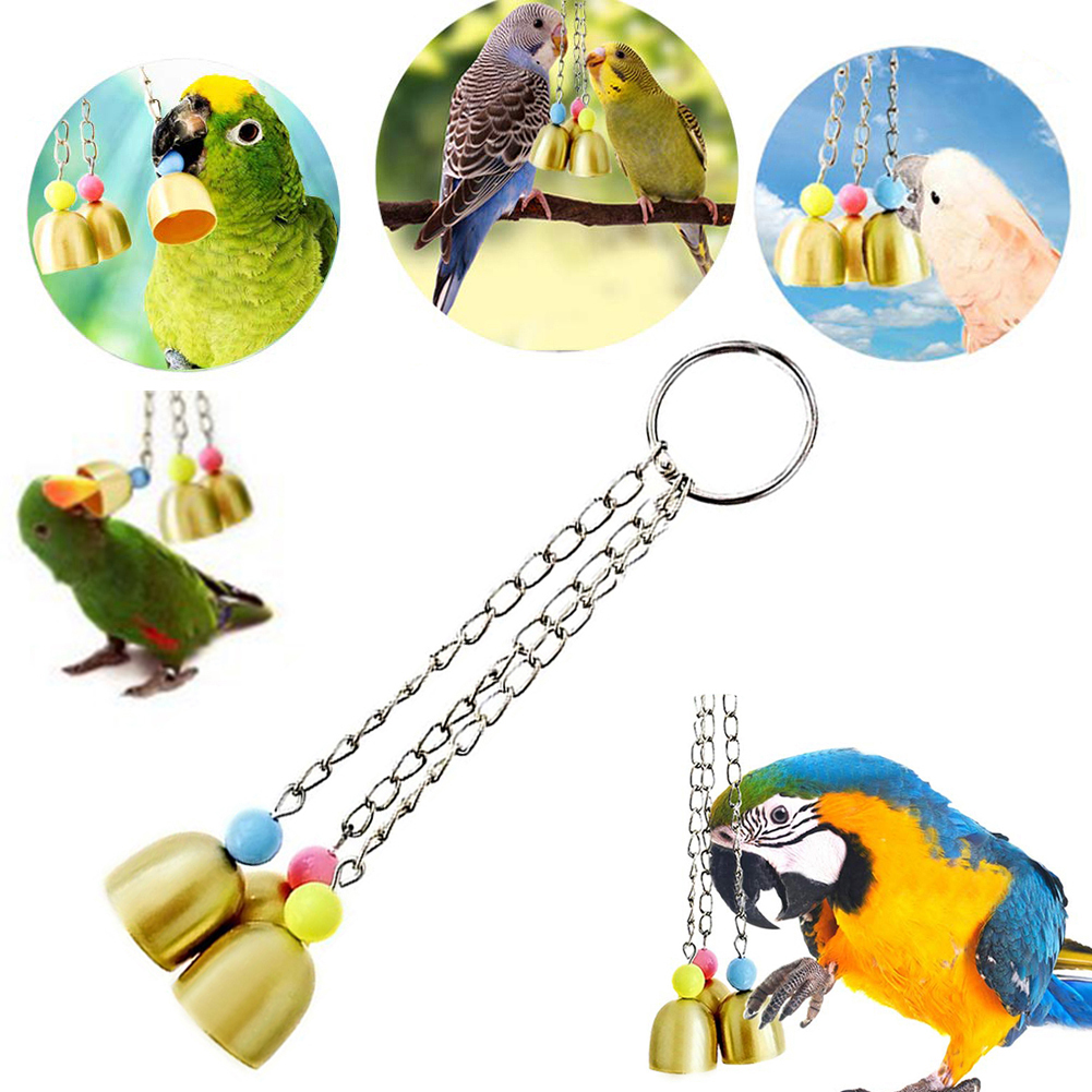brittany Pet Bird Parrot Pigeon Hanging 3 Bell Chain Cage Stand Bite Playing Sound Toy