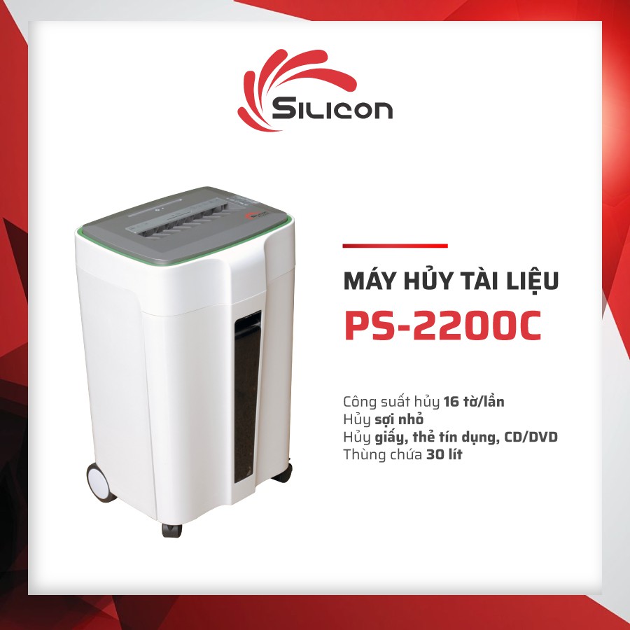 Máy hủy tài liệu Silicon PS-2200C ( hủy 16 tờ A4/ lần, hủy sợi 4*30 mm, Huỷ đĩa CD/DVD, thẻThùng chứa 30L)