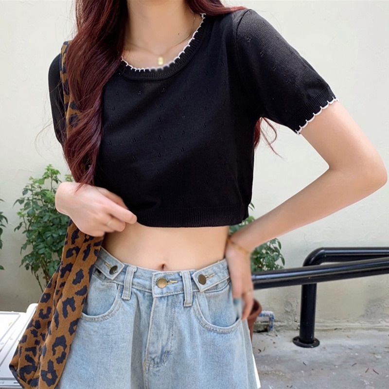 Áo Croptop Dệt Kim Tay Ngắn Cổ Tròn Phối Màu Phong Cách Hàn Quốc Thời Trang Cho Nữ